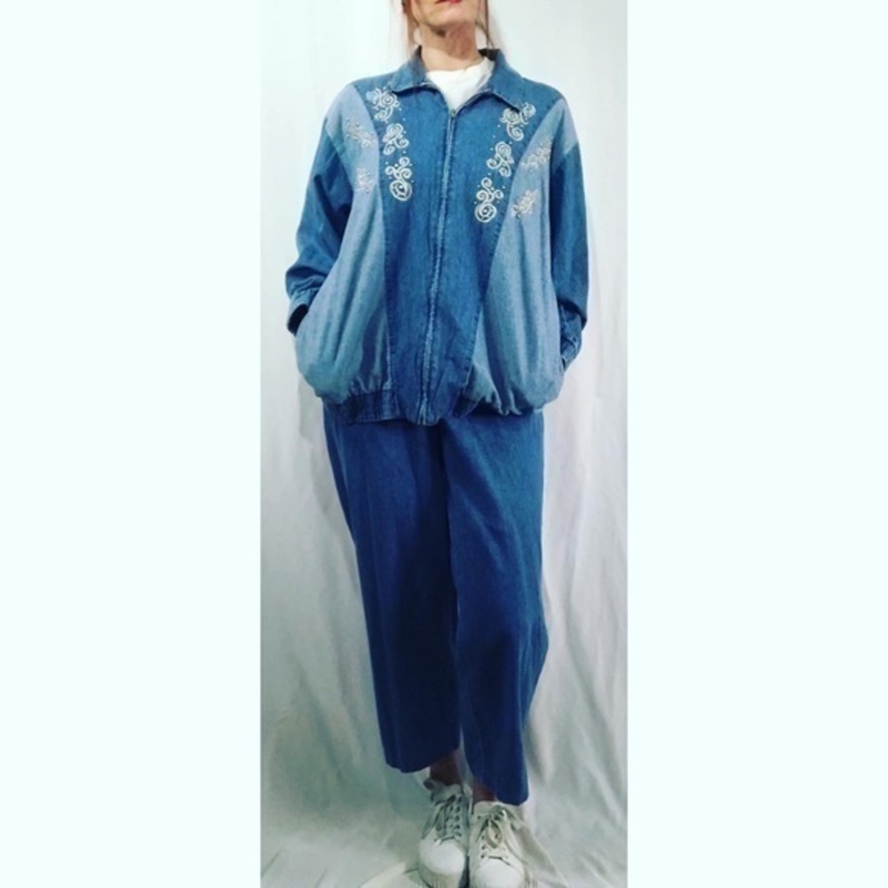 Vintage Blue Embroidered Denim Pantsuit